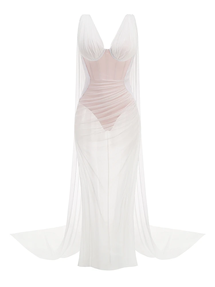 Vestido sexi drapeado con escote en V profundo hasta el suelo para mujer, vestido largo ajustado sin mangas de retazos blancos, vestidos largos ajustados para fiesta de noche y cóctel