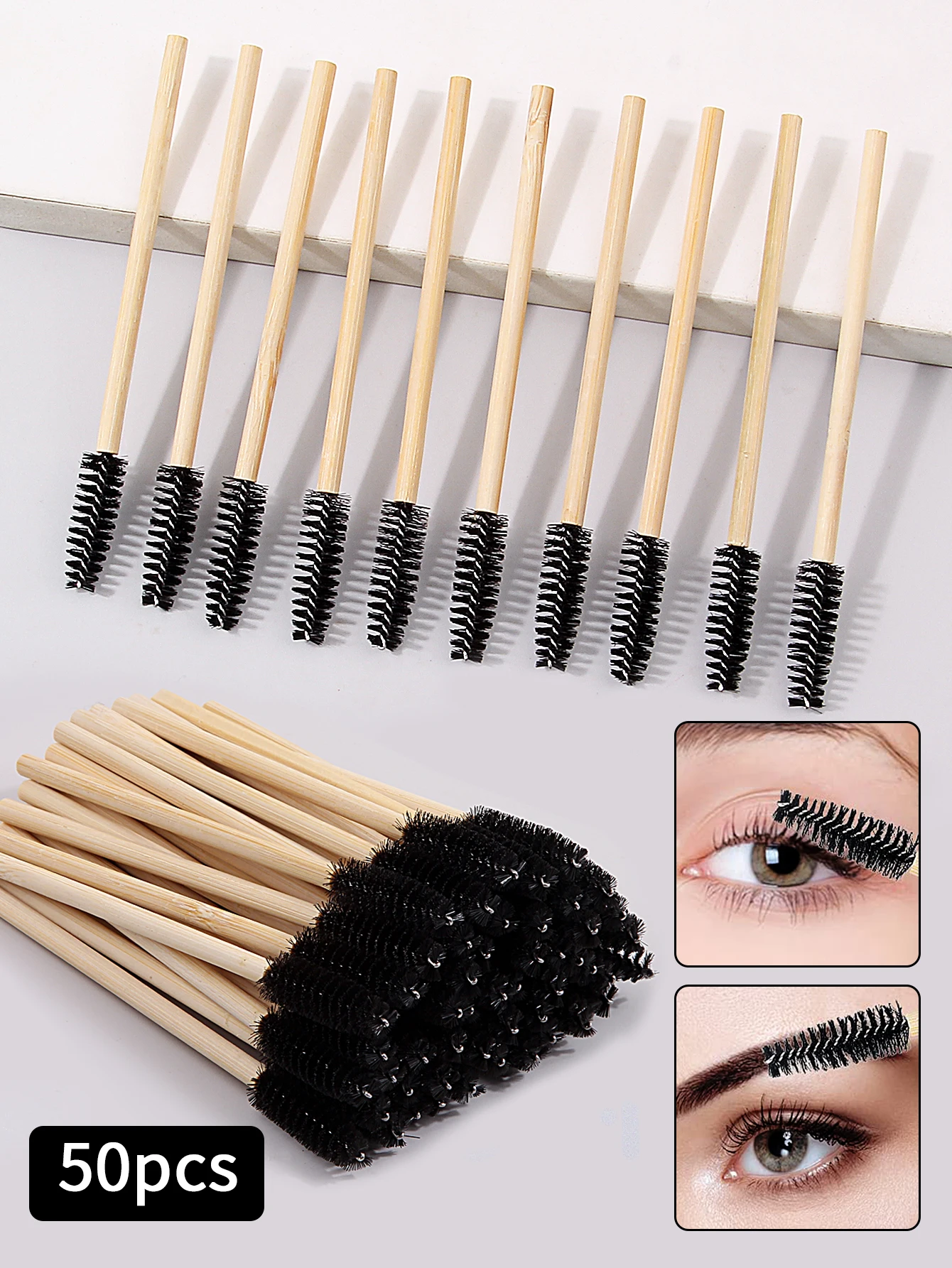 Brosse à cils avec manche en bambou, baguettes de mascara, applicateurs d'extension de cils, peigne à friser les cils, outils de maquillage, 50 pièces