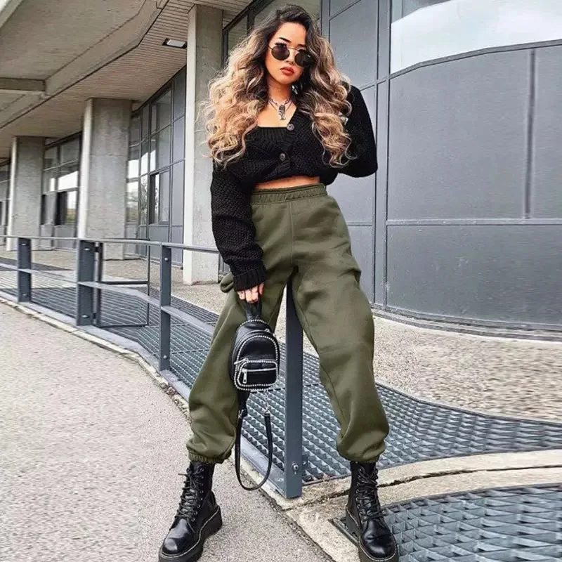 

Spring and summer women's high waist pants solid color casual slacks sports pants jogging pants black Pantalones Street women's