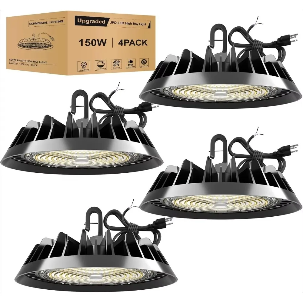 UFO LED High Bay Light 150W, High Bay LED Lights 24,000LM 1-10V Dimmable, 5' Cable with Plug, Hanging Hook, Safe Rope, 4 Pack