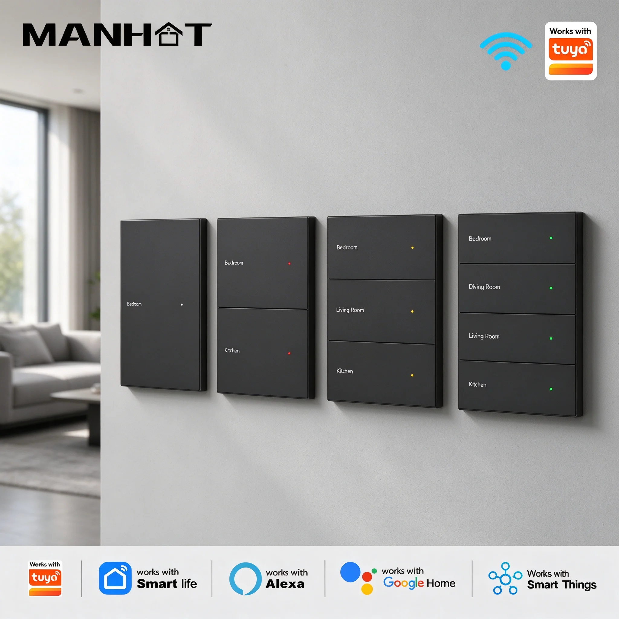MANHOT Wifi Smart DIY Name Switch US Push Button 1-4 Gang With Neutal Wire Display Screen Panel Work With Tuya Alexa Google Home