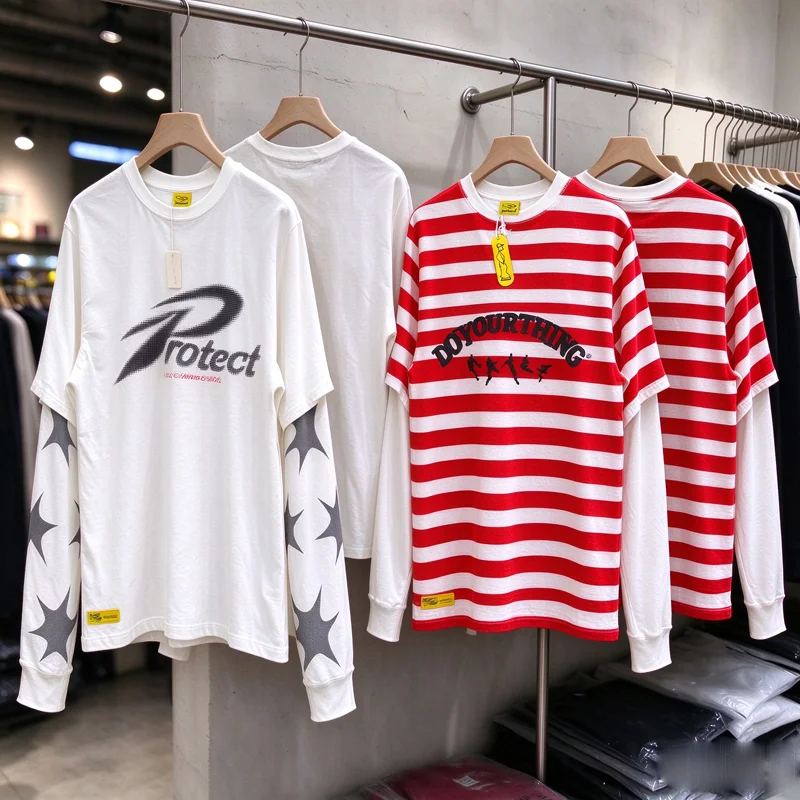 Fake Two Pieces Protect Long Sleeve T-shirt Men Women Waffle Breathe Sleeve T Shirt Loose Casual Streetwear Clothes Yellow Tag