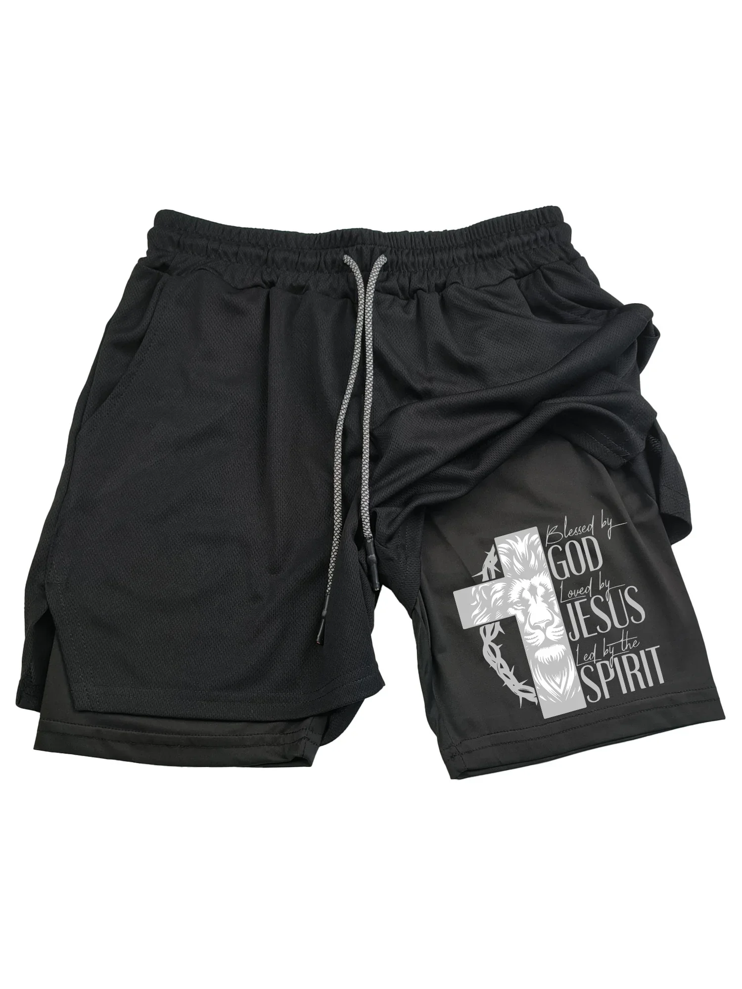 

Men'S Breathable Mesh Double-Layer Athletic Shorts - Faith-Themed Design