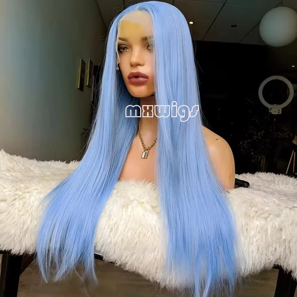 MXWIG Synthetic HairBlue Light Straight Glueless  13X4 Lace Front Wig For Black Women Preplucked 26 