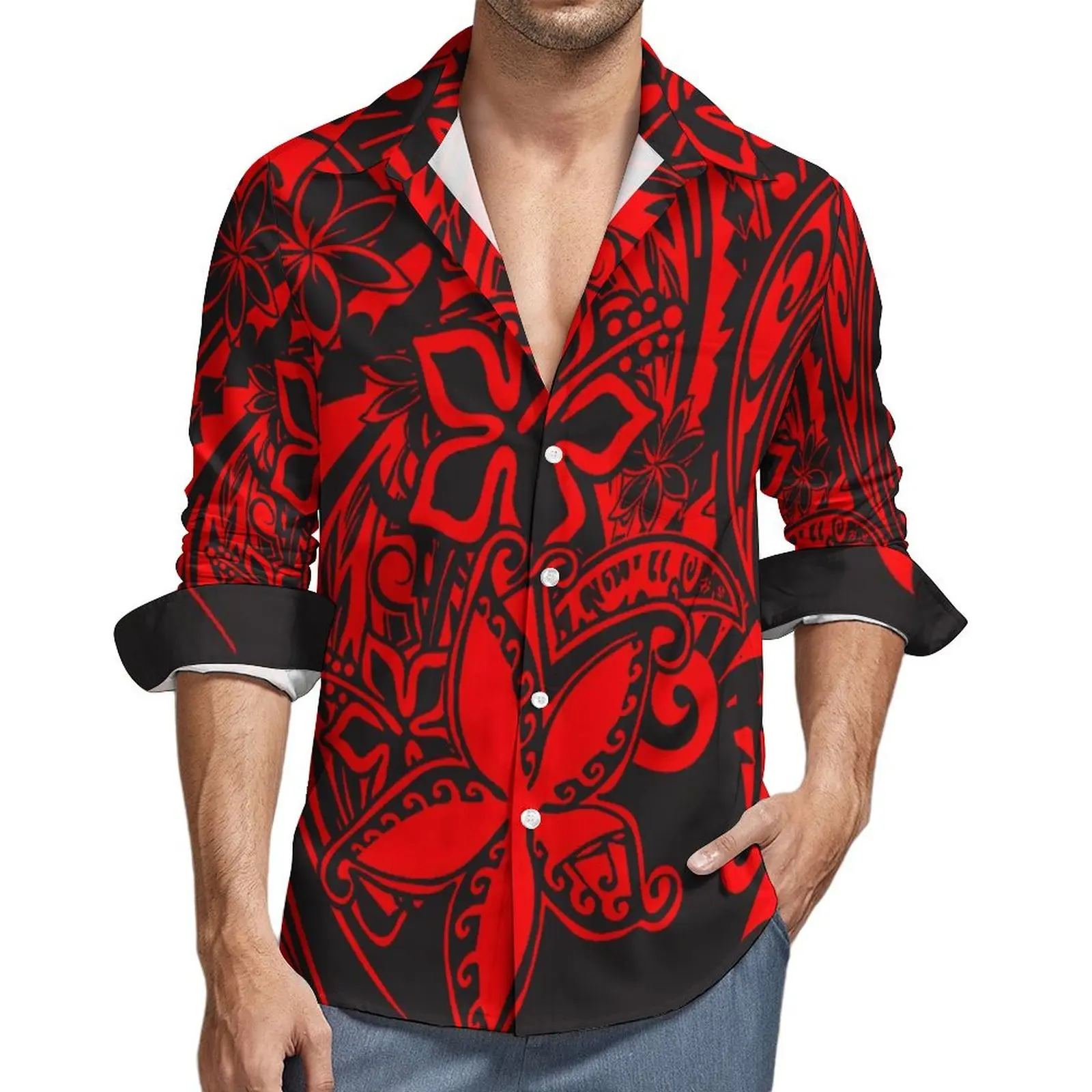 2024 Polynesian Tribal Couple Set Women\'S One-Shoulder Plus Size Long-Sleeved Dress And Hawaiian Beach Party Men\'S Shirt