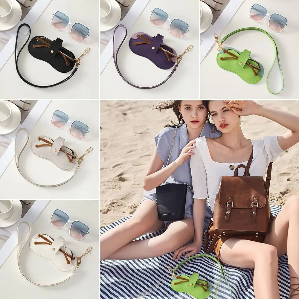 Tas Penyimpanan Kacamata Hitam Kulit PU Warna Solid dengan Tali Penyandang Kacamata Gantung Tempat Kacamata Hitam Portabel Tahan Lama