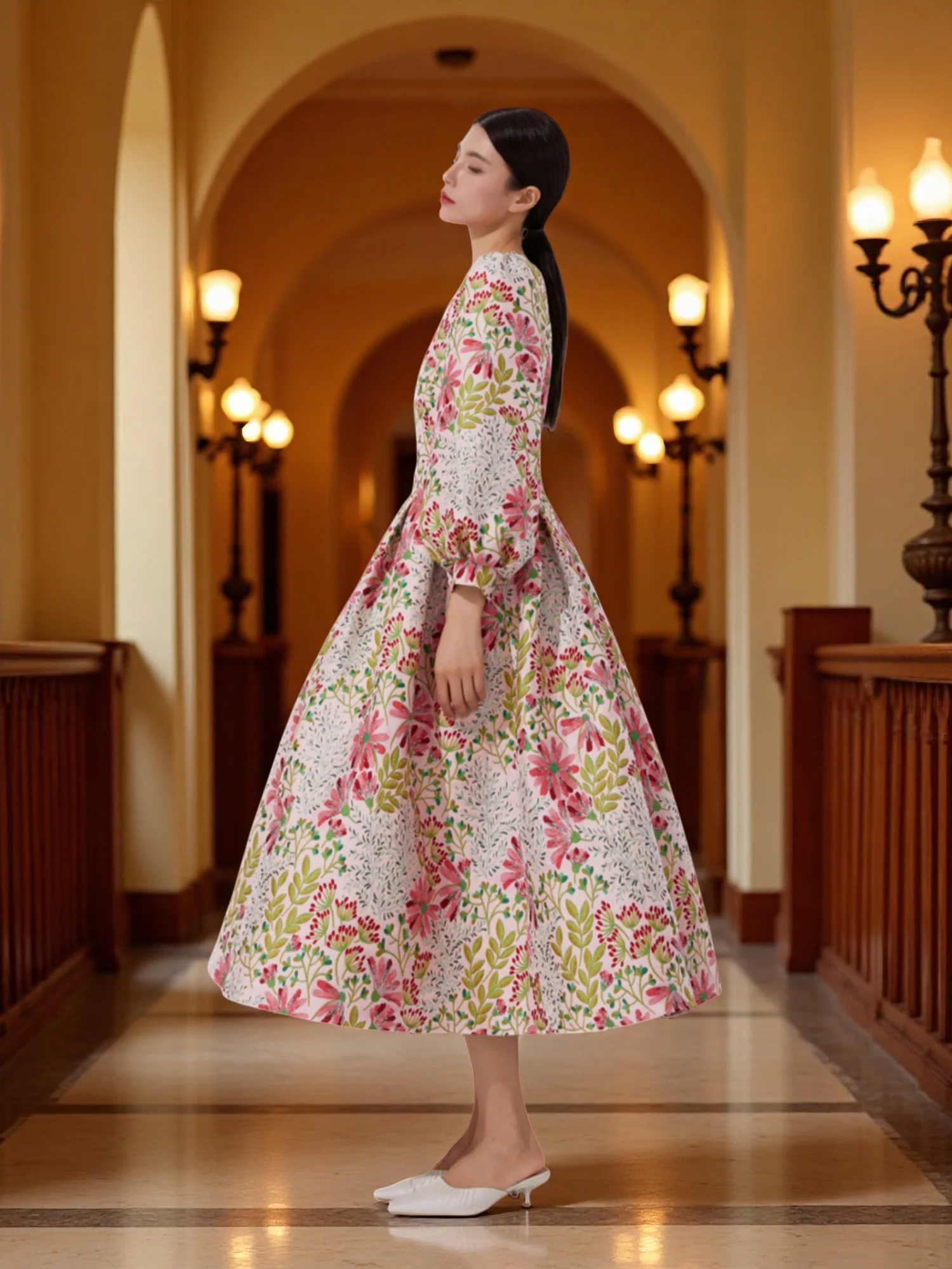 Winter and autumn luxurious and elegant lantern-sleeved wide-sleeved formal evening dress for banquets, wedding guests' attire image 4