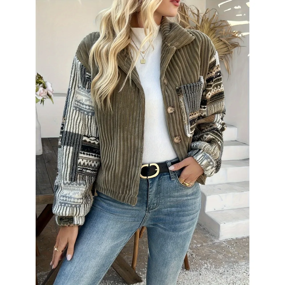 

Plus-size Women's Retro Patchwork Corduroy Jacket with Color Blocking, Single Pocket, Warm and Comfortable for Everyday Wear.