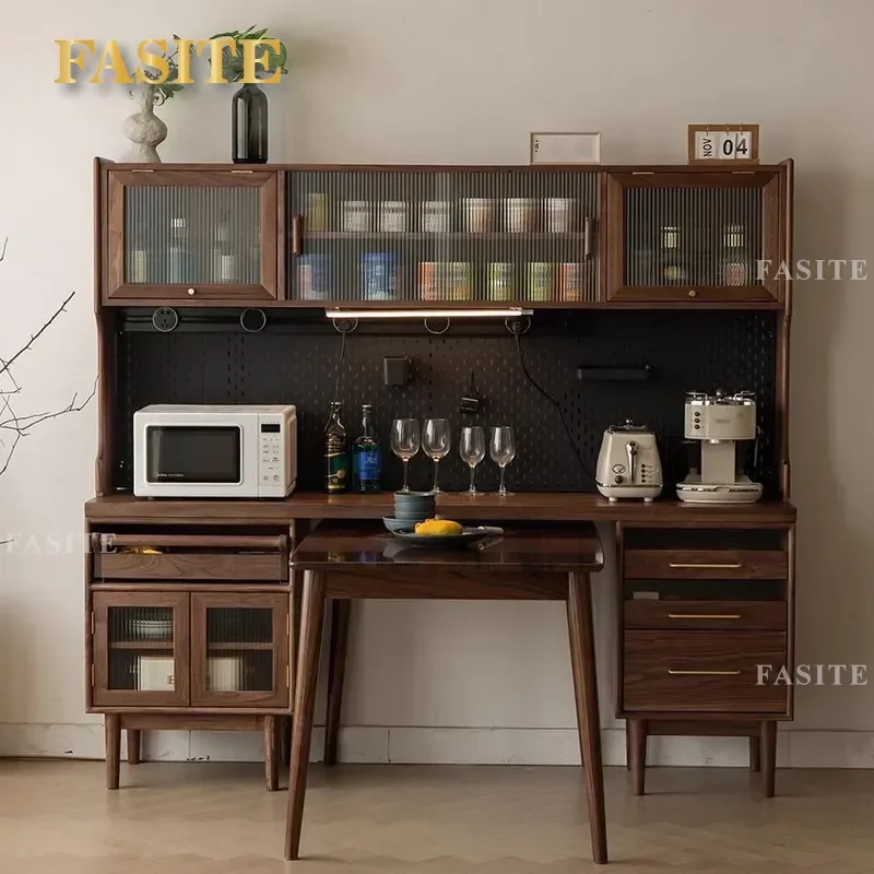 Black Walnut Solid Wood Dining Sideboard with Foldable Table Wall Mounted Wine Cabinet Space Saving Storage Unit for Small