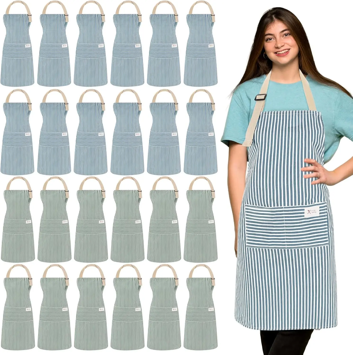 

Набор из 24 регулируемых льняных кухонных фартуков с 2 карманами для женщин и мужчин, унисекс, оптом