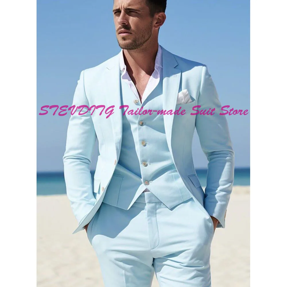 

Baby Blue Suit For Men 3 Piece Jacket Vest Pant High Quality Fashion Single Collar Fashion Notch Collar Prom Party Male Clothing