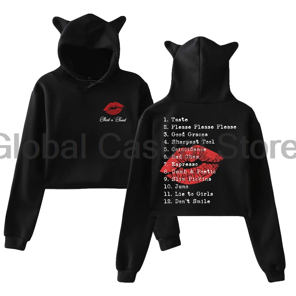 

Sabrina Carpenter Short n' Sweet Tracklist Pullover Streetwear Female Cat Ears Hoodie Long Sleeve Crop Top Women's Clothes