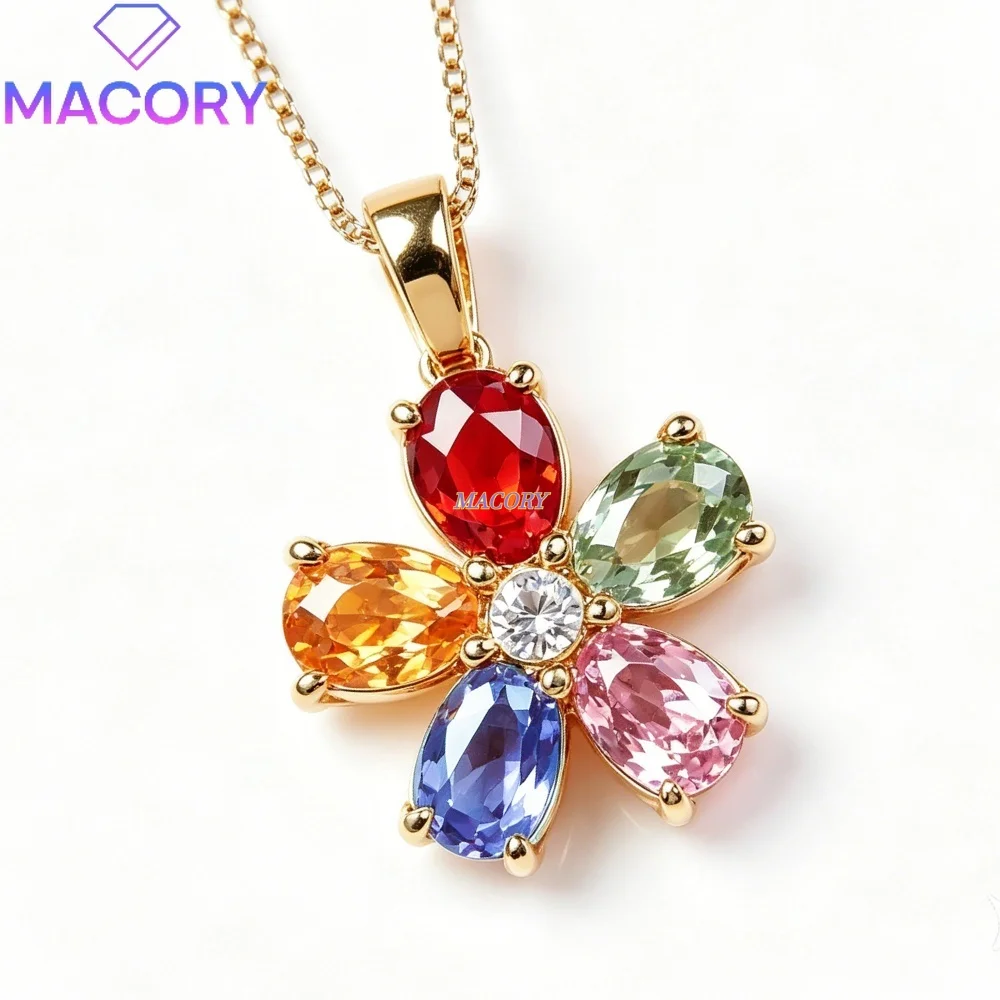 S925 sterling silver natural colorful sapphire necklace flower-shaped lively and delicate Valentine's Day gift everyday wear