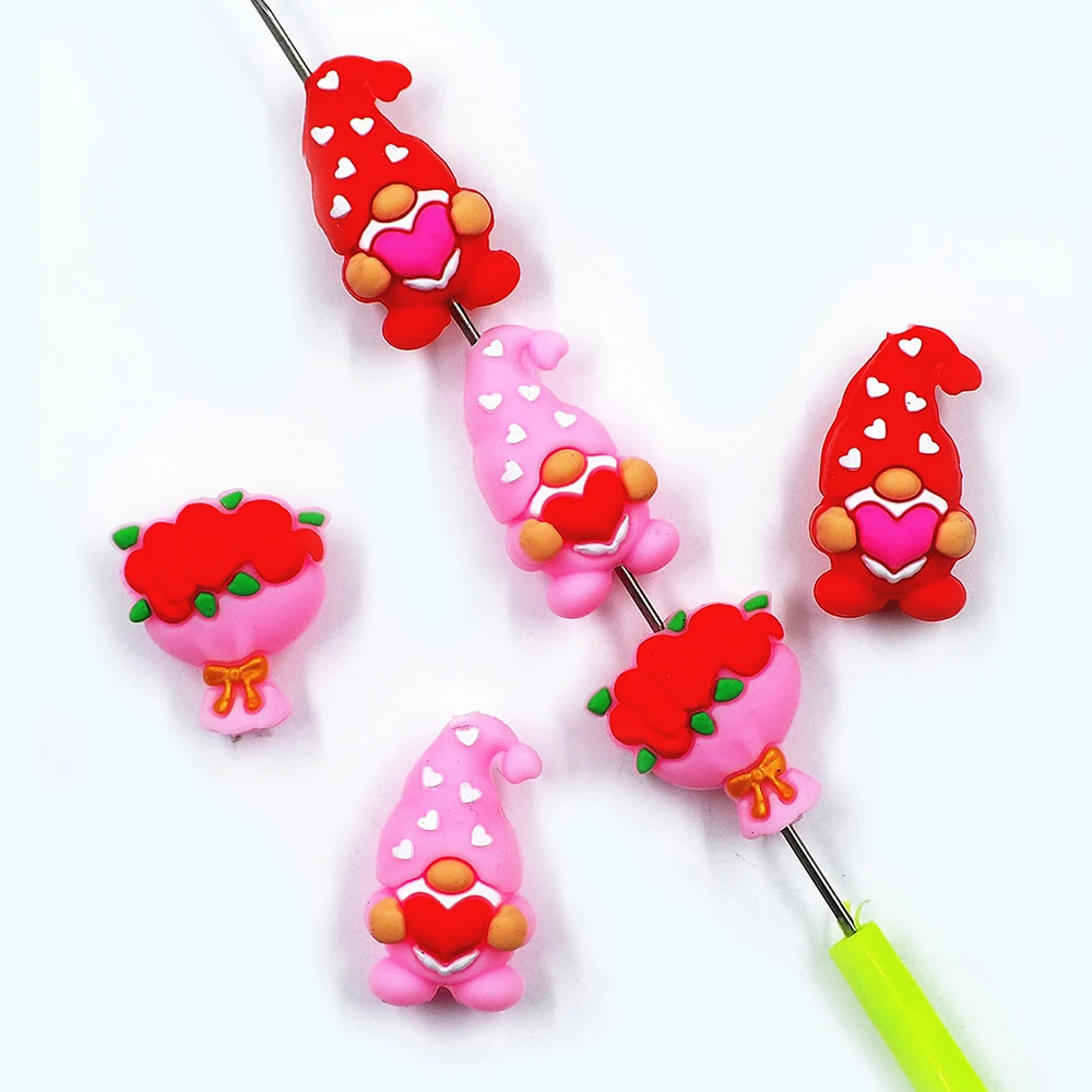 Chenkai 10pcs 3D Silicone Focal Beads Valentine's Day Beads For Beadable Pen Silicone Charms Characters for Pen Keychain Making