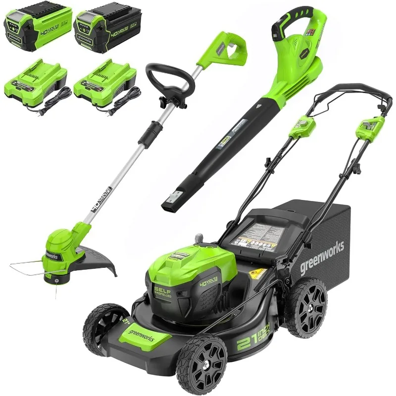 

Greenworks 40V 21" Self-Propelled Mower,Axial Leaf Blower,12" String Trimmer with Batteries and Chargers