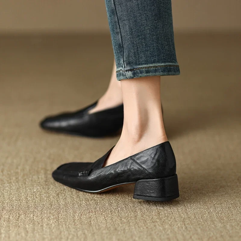 NEW Spring/Autumn Women Loafers Square Toe Chunky Heel Shoes Elegant Genuine Leather Shoes for Women Retro Sheepskin Women Pumps