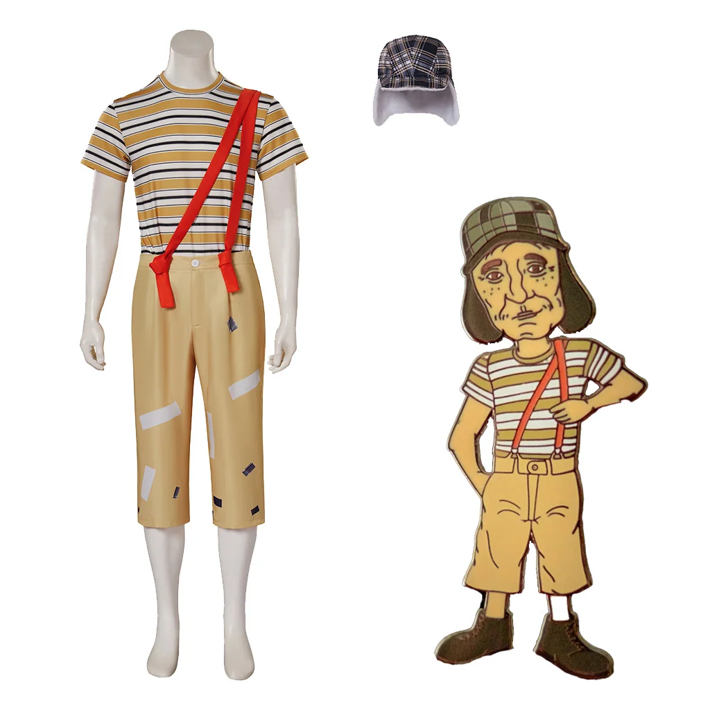 （in stock）Mexican TV El Chavo Del Ocho Cosplay Costume Outfits Chavo Fancy Striped T-shirt Pants With Hat Halloween Fancy Suit