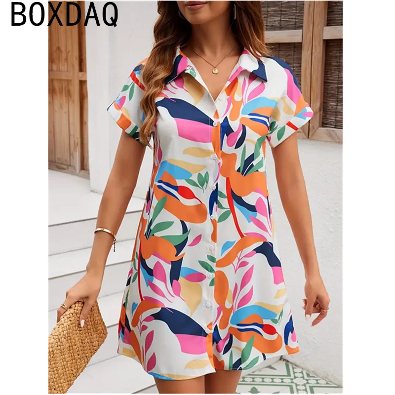 قميص نسائي فستان حجم كبير الصيف قصيرة الأكمام التلبيب قميص صغير فستان موضة واحدة الصدر ثلاثية الأبعاد الأزهار المطبوعة فستان كاجوال