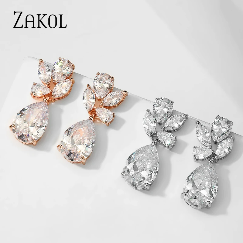 ZAKOL Fashion Water Drop Cubic Zircon Wedding Dangle Earrings Marquise Cut Crystal White Bride Ear Jewelry Gift