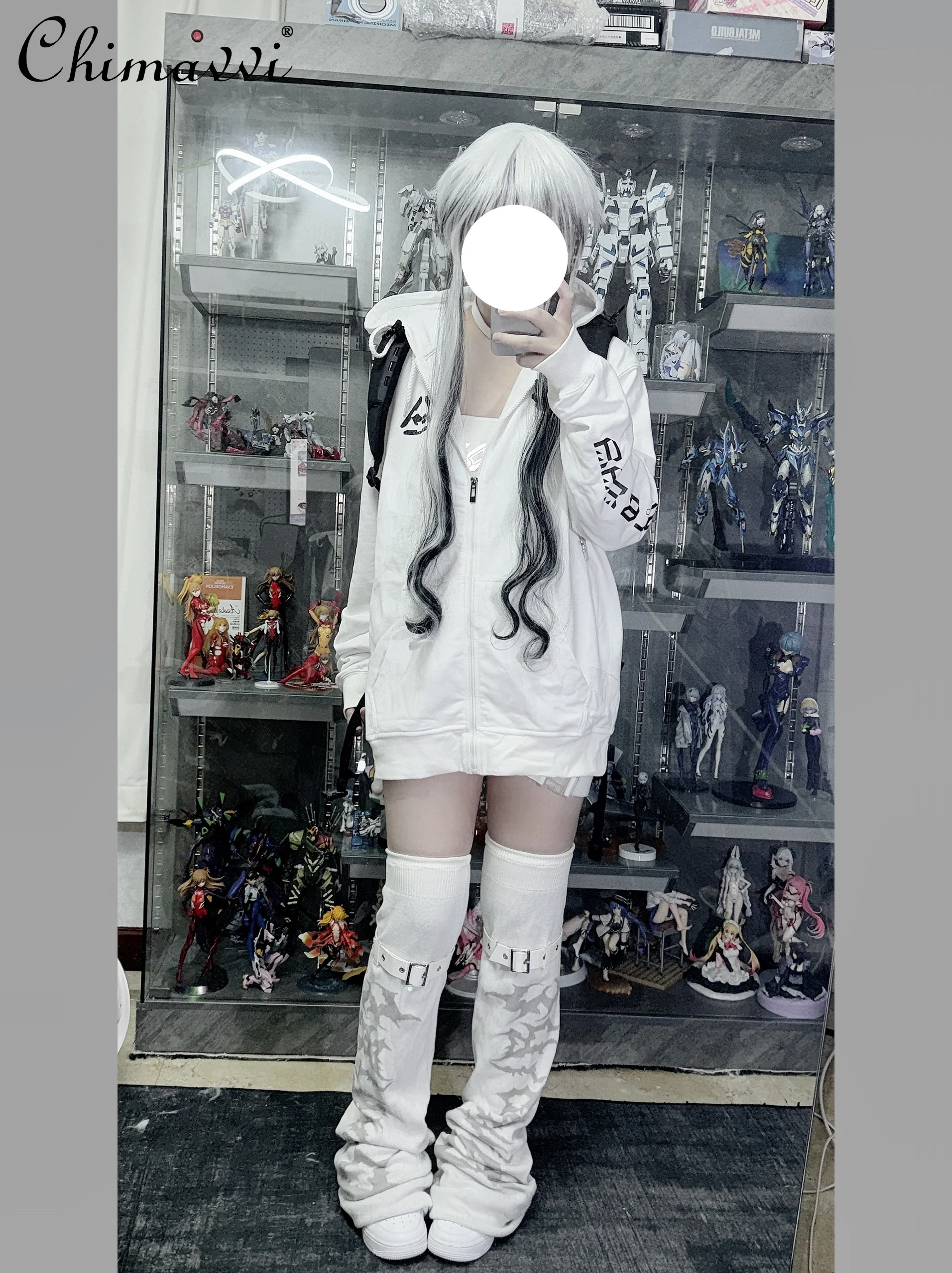 Pure White Mechanical Spine Print Hooded Loose Sweatshirt Jacket Spring and Autumn New Subculture Long-sleeved Girl Women Coat