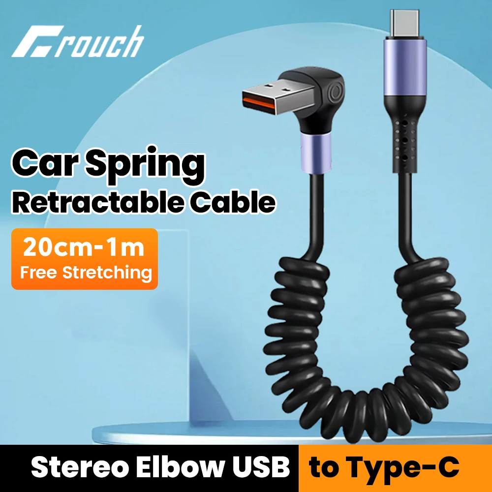 

6A Car Spring Data Cable Retractable Elbow USB To Type C Cable for iphone 15 Samsung Huawei Xiaomi Redmi Charger USB C Cable