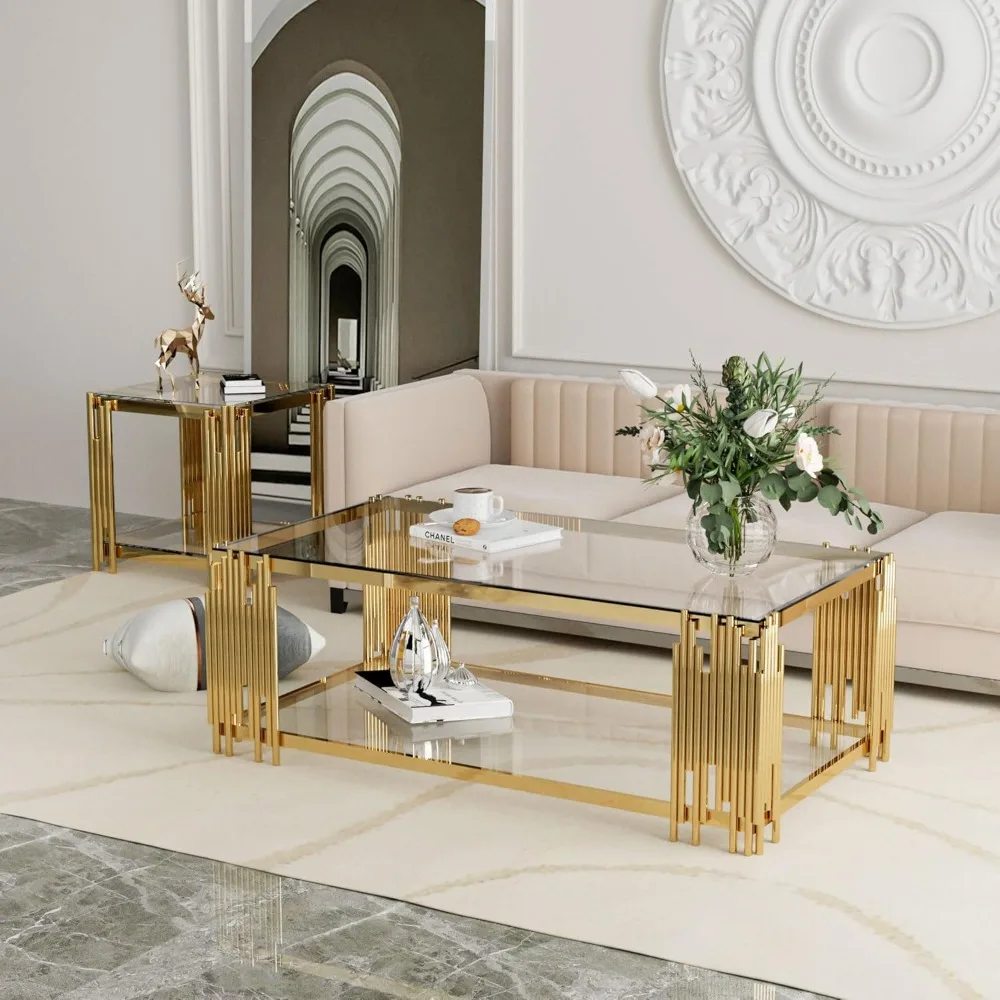 Mesa de centro de vidrio Mesa de salón moderna Pata de metal de acero inoxidable dorado 51" Rectangular transparente templado