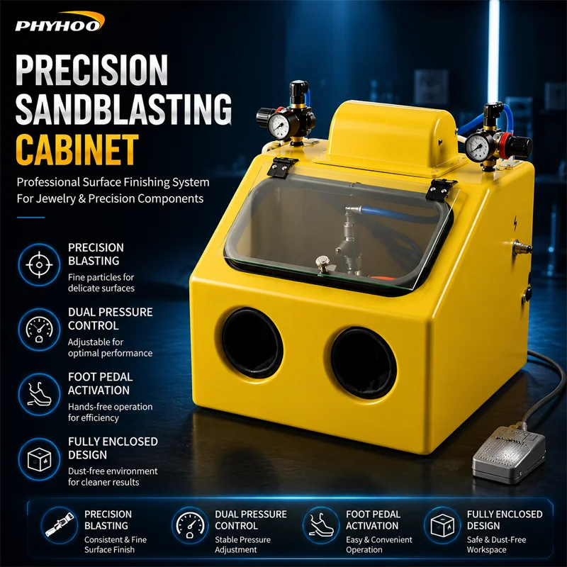 PHYHOO PH AB90 Professional Sandblasting Cabinet Dual Pressure Gauge Jewelry Sandblaster Box Enclosed Media Blaster with Foot Pe