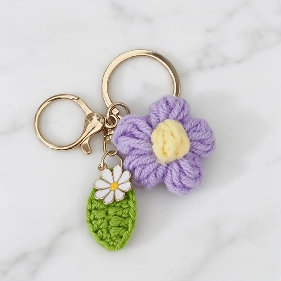 1/5/10/20/50/100pcs Handmade Crochet Red Flower Keychain, Boho-Style Knitted Flower and Leaf Keychain for Bags, Keyring Accessor