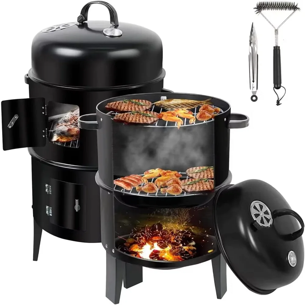 17 Inch Vertical Multi-Layer Steel Charcoal Smoker, Heavy Duty Round Charcoal BBQ Grill for Outdoor Smoking Charcoal Grill