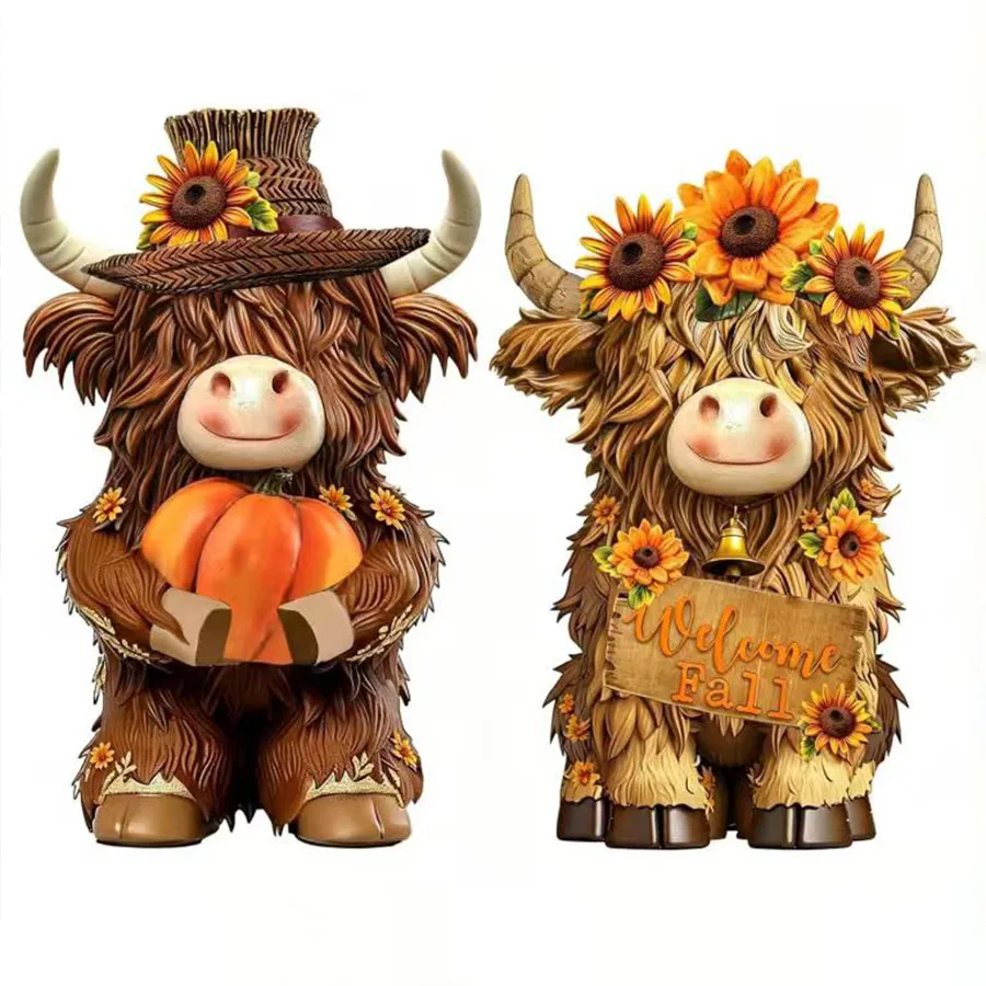 2-teiliges Set, Kürbis-Highland-Kuh-Figuren, Highland-Kuh-Tischdekorationen aus Holz mit Ahornblättern, Kürbis-Highland-Kuh-Statuen mit Schleife, geeignet für Wohnzimmer, Schlafzimmer, Kamin und Schreibtischdekoration. – Detail 10