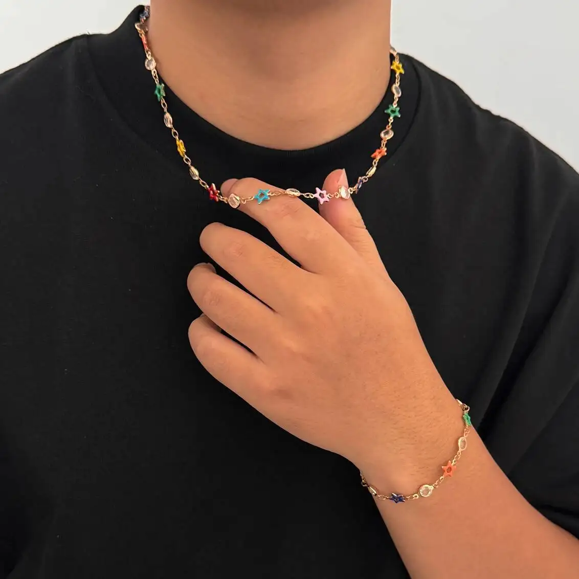 SHIXIN الهيب هوب الملونة ستار سلسلة قلادة سوار الرجال طقم مجوهرات Y2K قابل للتعديل قصيرة المختنق الإسورة الذكور المجوهرات هدية جديد