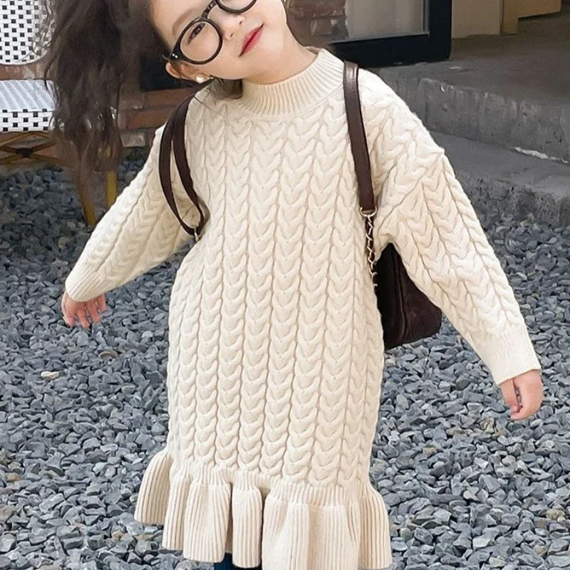 Korean Style 2025 Girls' Purple Ruffled Hem Mid Length Knit Sweater Trendy Loose Fit Casual Knit Dress for Spring