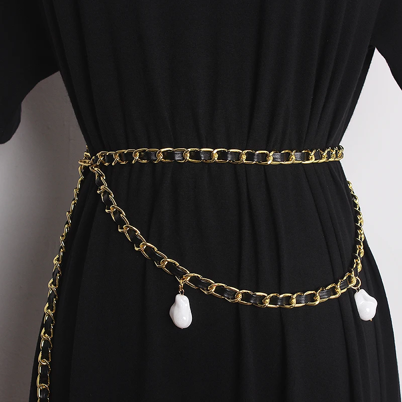 

Women's Runway Fashion Metal Chain Cummerbunds Female Dress Corsets Waistband Belts Decoration Narrow Belt TB2243