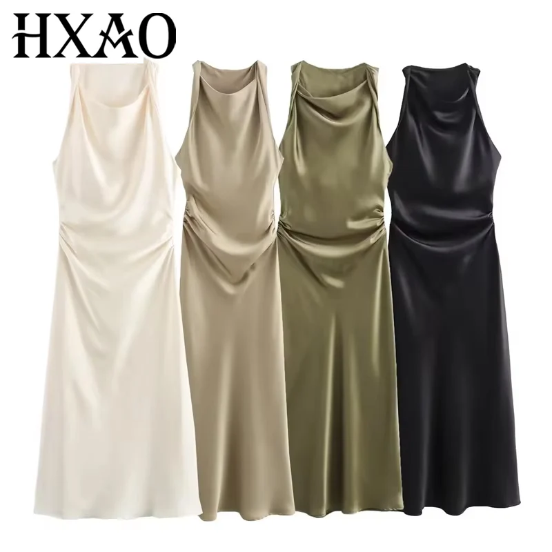 HXAO 2024 femmes robes froncé Satin robe mi-longue femme été sans manches robes longues pour les femmes plissées robes de soirée élégantes