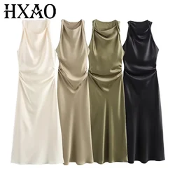 HXAO 2024 Womens Dresses Ruched Satin Midi Dress Woman Summer Sleeveless Long Dresses For Women Pleated Elegant Party Dresses