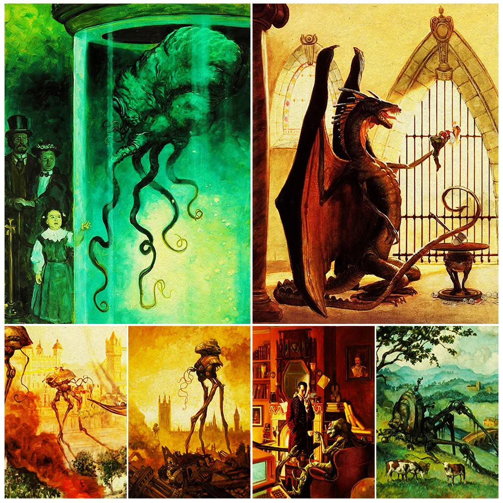 

Mysterious Sci-Fi Fantasy Artwork Poster Print,Alien Specimens,Evil Dragons,Mysterious Creatures, Abstract Wall Art Canvas Print