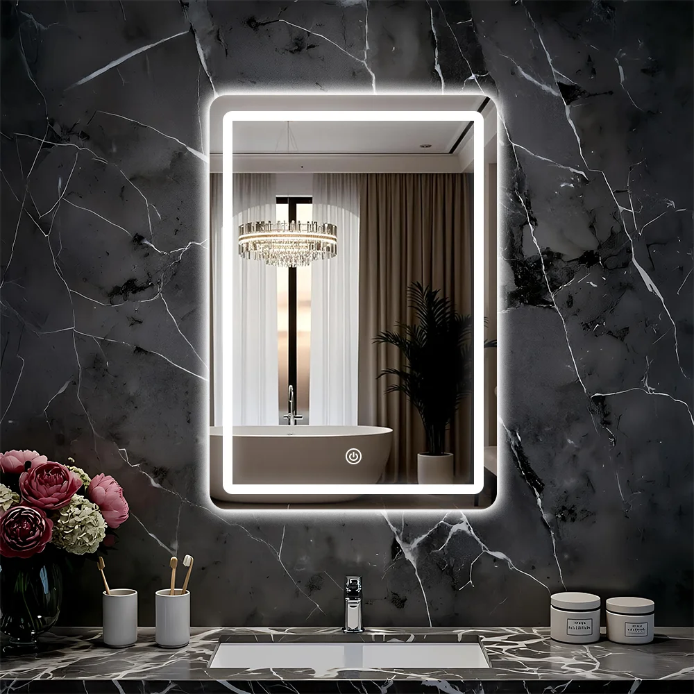45x60cm Glas-Badezimmerspiegel mit LED-Beleuchtung, Touch-Schalter und 3 Dimmbaren Farben