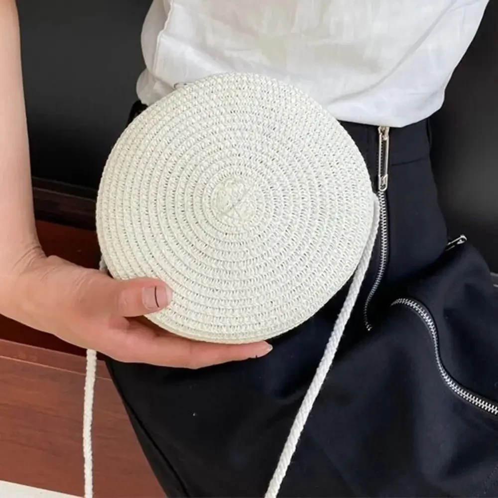 Handmade Knitted Round Straw Bag Beach Crossbody Bag for Ladies Children Cute Shoulder Rattan Woven Candy Color Small Handbag