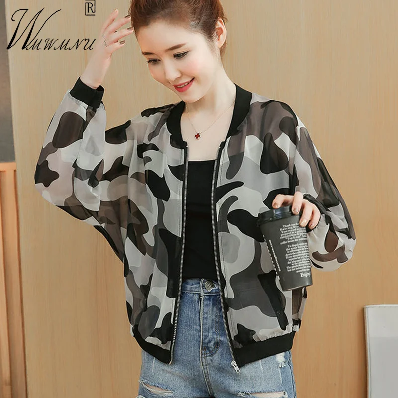 Oversize Chiffon Crop Jacket Women Thin Summer Top Korean Fashion Camouflage Baseball Cardigan Casual Loose Sun Protection Coat