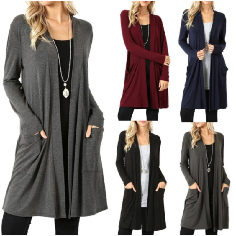 Spring Autumn Women Simple Long Sleeve Medium Long Cardigan Causal Outwear Jacket Coat