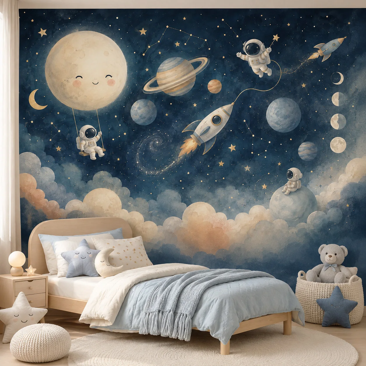Kids Space Wallpaper Mural Astronaut Rocket Moon Planets Galaxy Stars Nursery Bedroom Wall Decor Non Self Adhesive