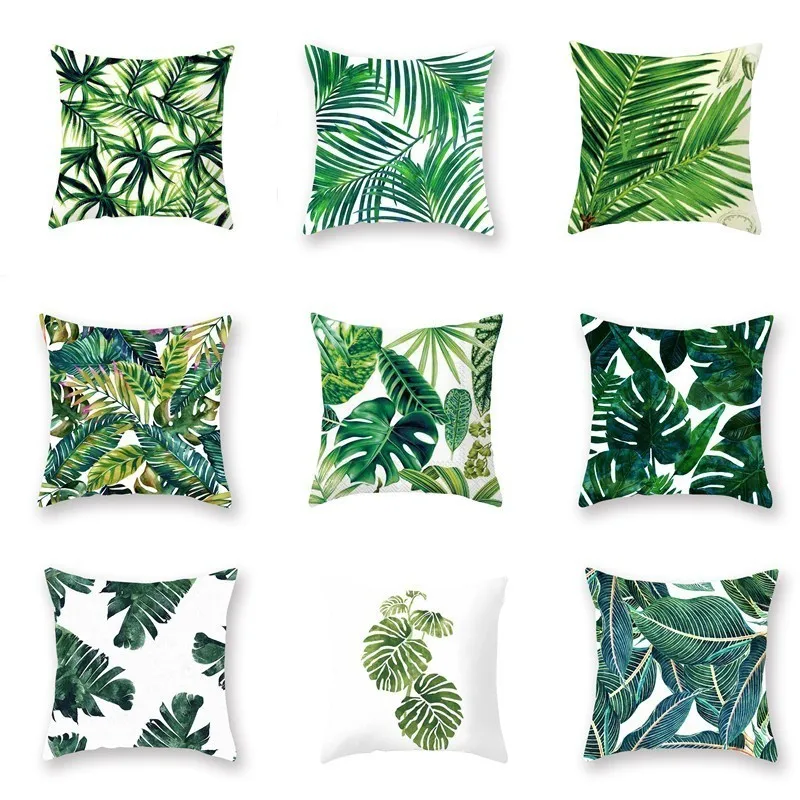 Taie d'oreiller avec plantes tropicales, taie d'oreiller décorative en Polyester avec feuilles vertes, carrée, 45x45cm