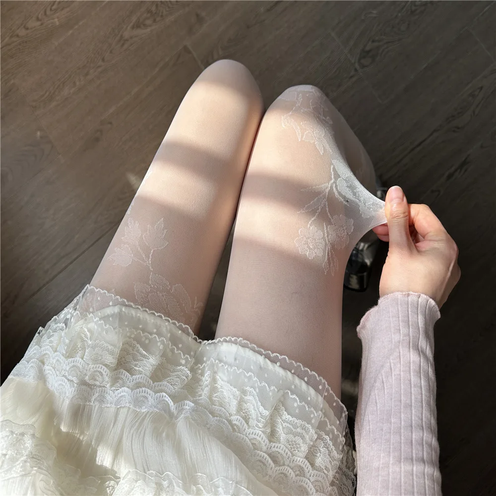 Summer Ultra-Thin Retro Rose Jacquard Women's Pantyhose High-Elastic Lace Sheer Two Colors Hottie Sexy Hosiery Tights