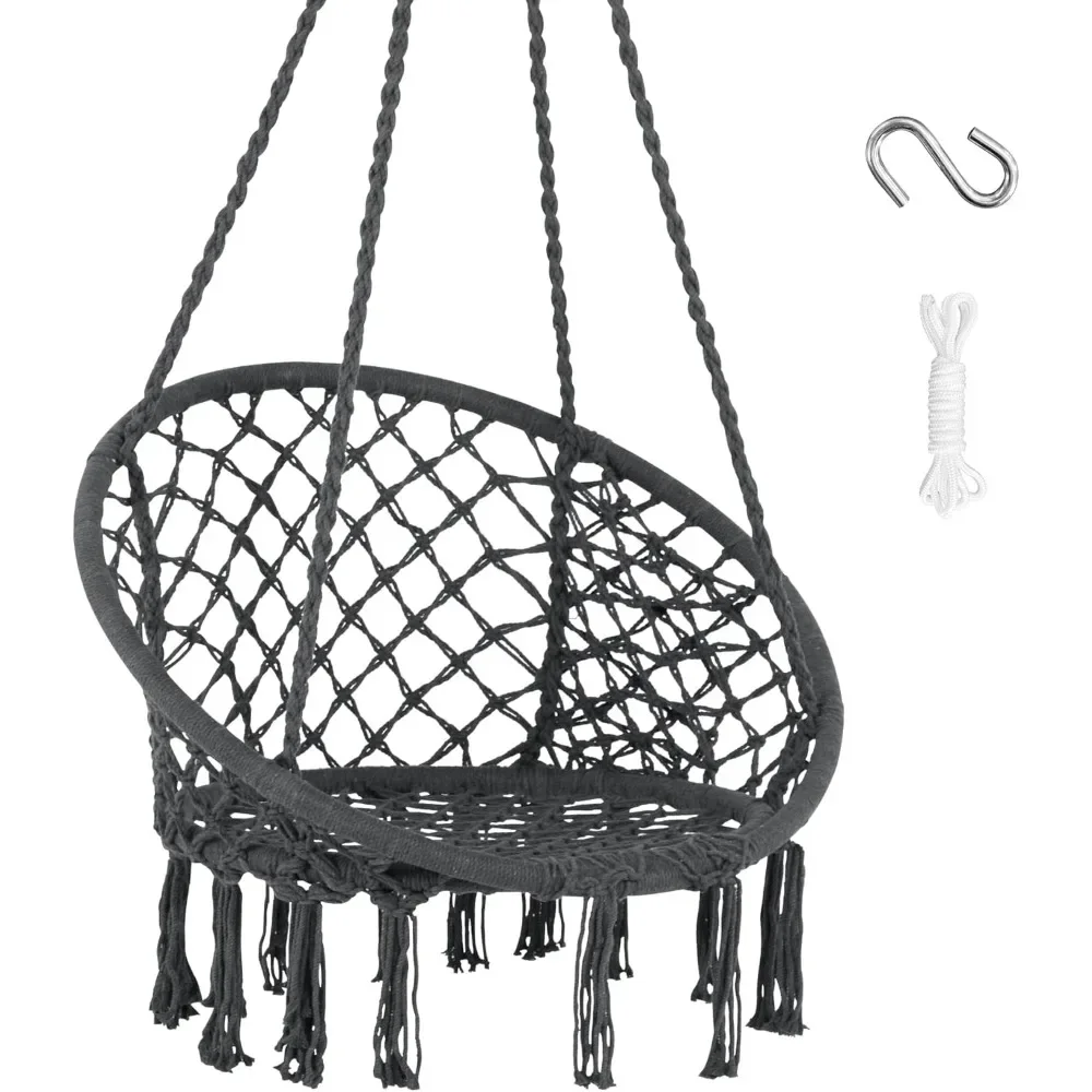 Hammock Chair Hanging Macrame Swing with Hardware Kits, Max 330 Lbs, Handmade Knitted Mesh Rope Swing Chair for Indoor, Outdoor