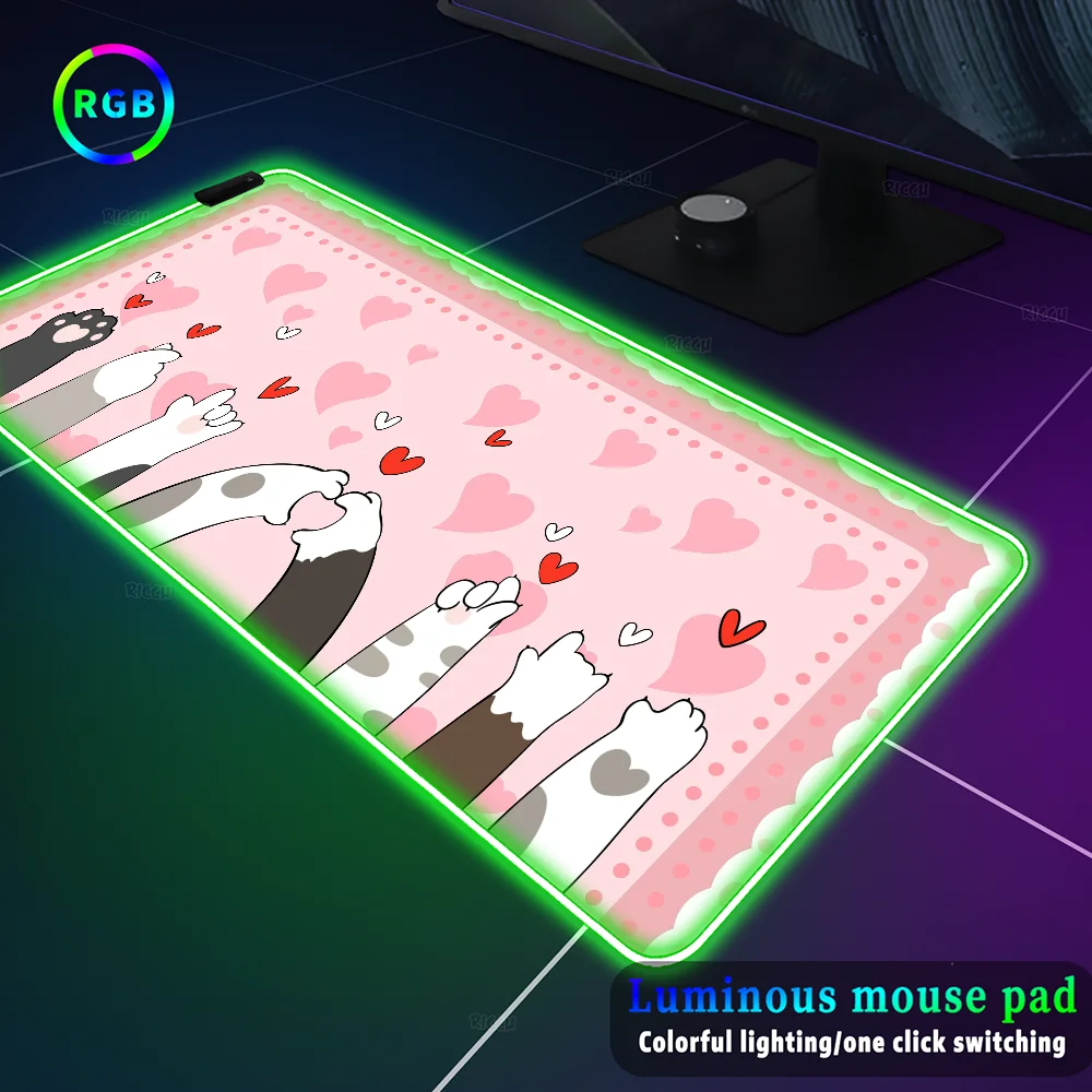 

Large RGB Mouse Mat Cute Cat paw Gamer Mousepads LED Gaming Mousepad kawaii Big Luminous Desk Pad Desk Mats Backlit Mouse Pads