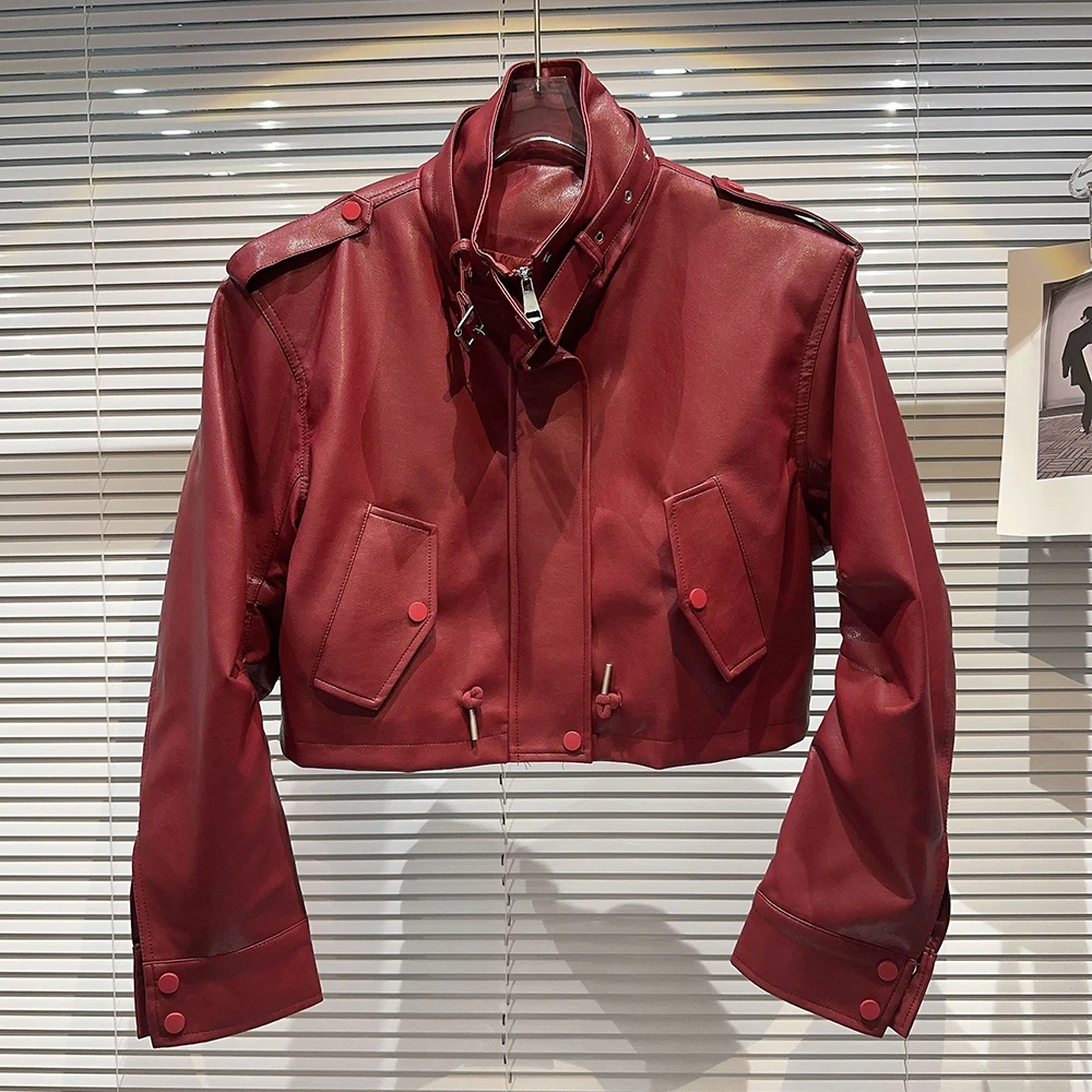 Herbst Winter Neuankömmling Langarm Schnalle Gürtel Kunstleder Jacke Frauen Streetwear Stand Kragen heißes Mädchen rot Pu Mantel weiblich