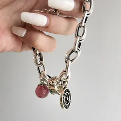 Nueva cadena de plata 925, cuentas geométricas rosas, pulsera ajustable con palabras Punk para mujer y niña, joyería de moda, regalo, venta al por mayor