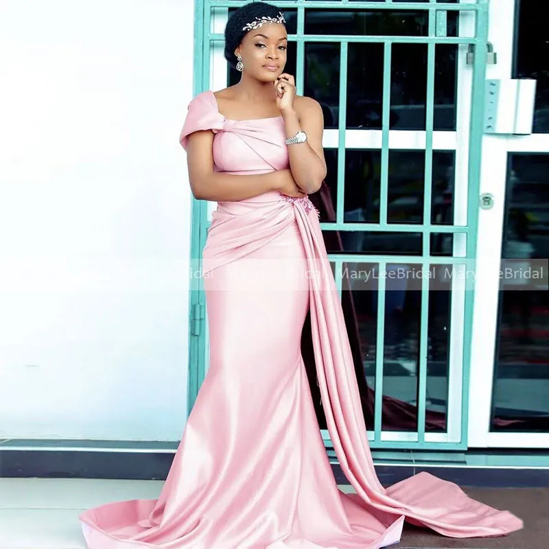 African Women Pink Mermaid Bridesmaid Dresses with Long Ribbon One Shoulder Satin Wedding Reception Dress Maid Of Honor Gowns