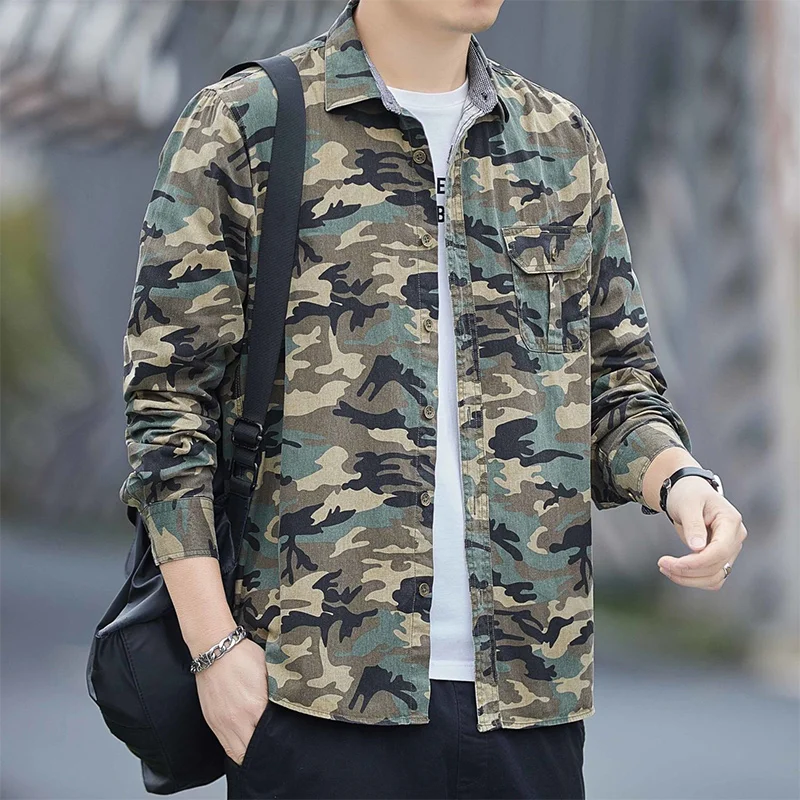 Spring Autumn Vintage Camouflage Printed Pure Cotton Shirt Men Long Sleeve Loose Casual Cardigan Blouse Male Fashion Buttons Top