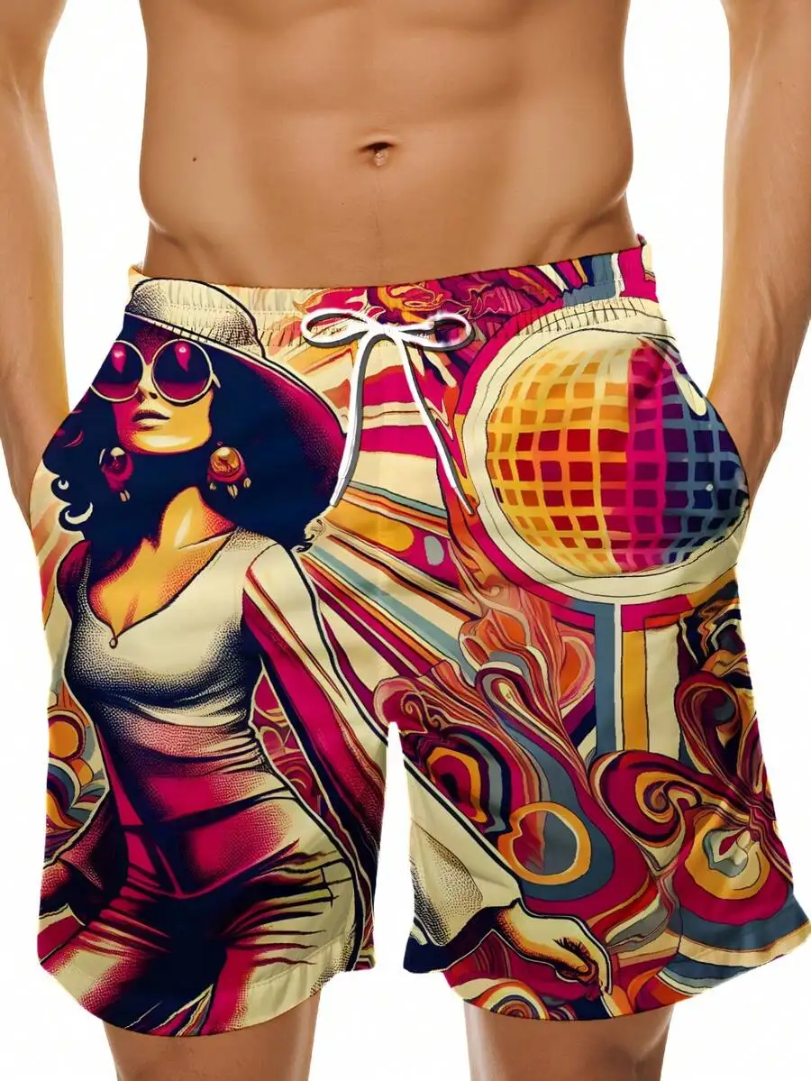 

Colorful Artistic Woman And Disco Ball Print Mens Beach Swim Trunks Summer Casual Shorts